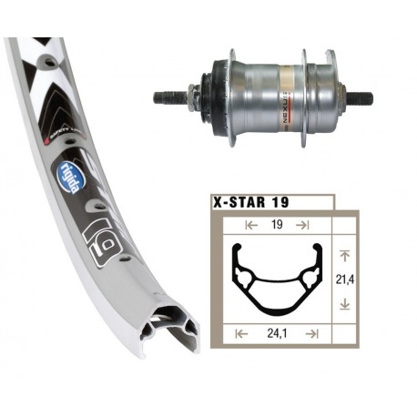 Roue Arrière 24X1.75 Cale 3 vitesses 36 trous Rigide X-Star 19 rayons Niro col.argent