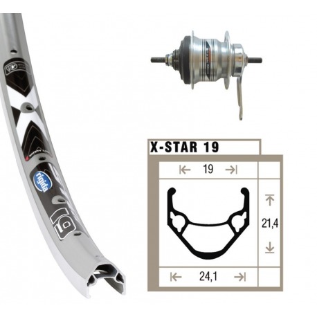 Roue arrière 24x1.75Nexus 7-mar. plat.rigide 36ab. Rigide X-Star 19 plat. niro rayons