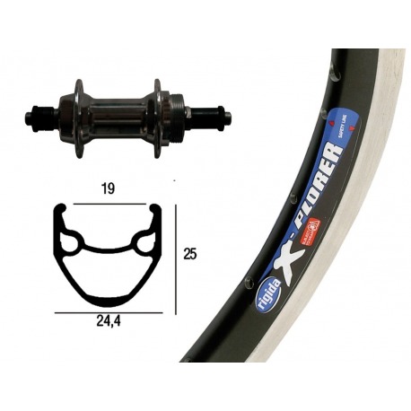 Roue arrière 26x1.75 cor.dent.A à.6/7v ne 36ab. X-Plorer rigide nég/argent. Rad. Niro ne.