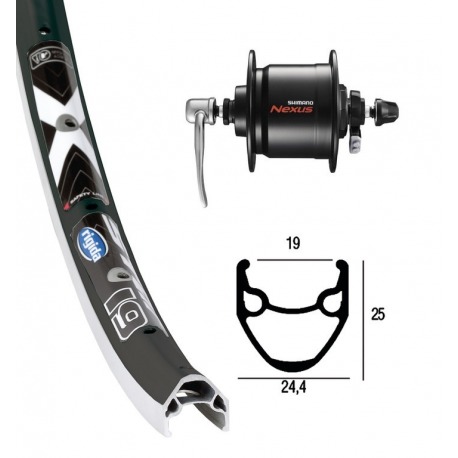 Roue avant 26x1.75moyeu-dynamo.DHC3003 ne.QR 36a. Rigida X-Star19 ne/rayons argentés Niro(ne)