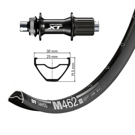 Roue arrière 27 5" Deore XT axe traversant 12 148mm DTSwiss M462 Disc ne. Rayons Nirosta(ne)