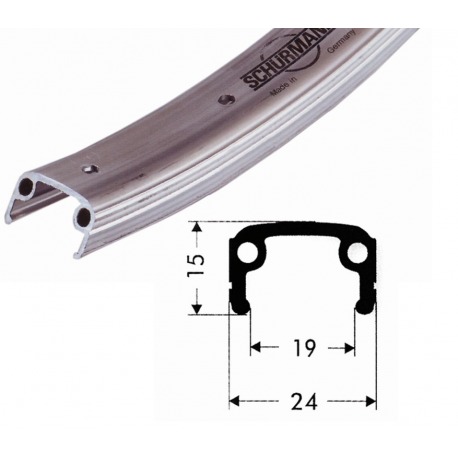 Jante aluminium 12" argent mat 203-19 trou pour valve 8,5 mm, 36 trous avec oeillets